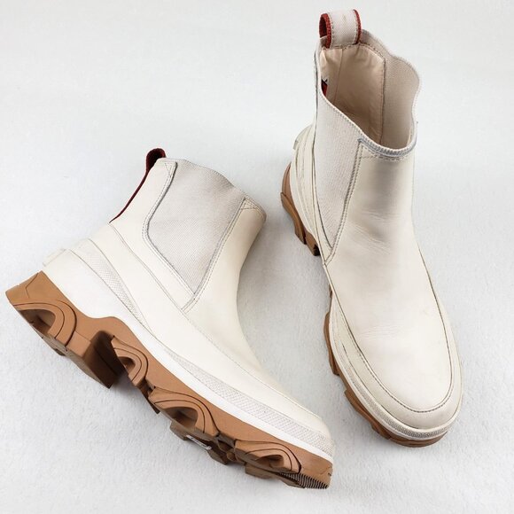 Sorel Brex Chelsea Ankle Boot Women 8.5 White Leather Waterproof Chunky Lug Sole - Picture 1 of 15